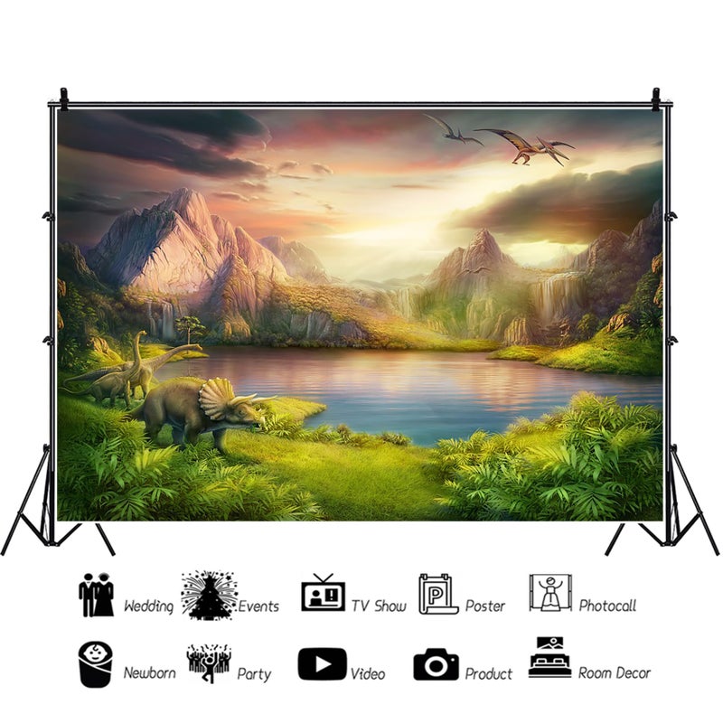 Baocicco 10x6.5ft Dinosaurs Theme Backdrop Boy Birthday Party Backdrop Jurassic Mesozoic Cretaceous Epoch Forest Mountains Lake Prehistoric Trees Grassland Archaeology Children Photography Background - Image 5